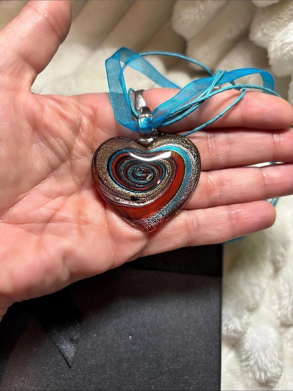 Heart Pendant Blown Glass Necklace in Blue & Red